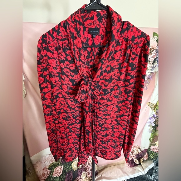Who What Wear Tops - Who What Wear Red Poppies Black Tie Long Sleeve Button Up Blouse XXL